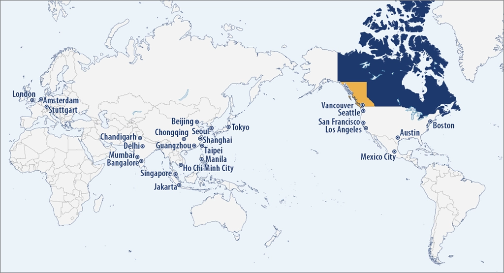 Trade and Invest BC has representative offices in 26 locations. Our team facilitates trade, foreign direct investment, and other investment opportunities, providing insights into doing business in B.C., Canada, and exporting from British Columbia to key markets.