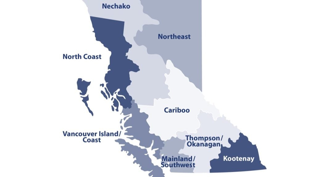 Map of BC showing the different regions including Thompson-Okanagan.