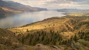 Landscape view of Kamloops - desert and lake in background.