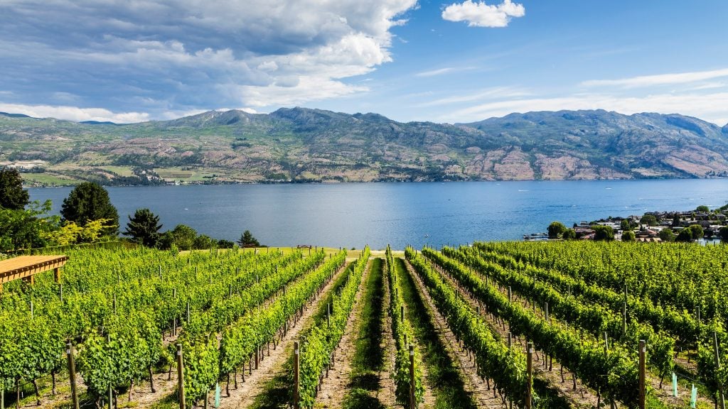 Image of winery with lake and mountains in background.