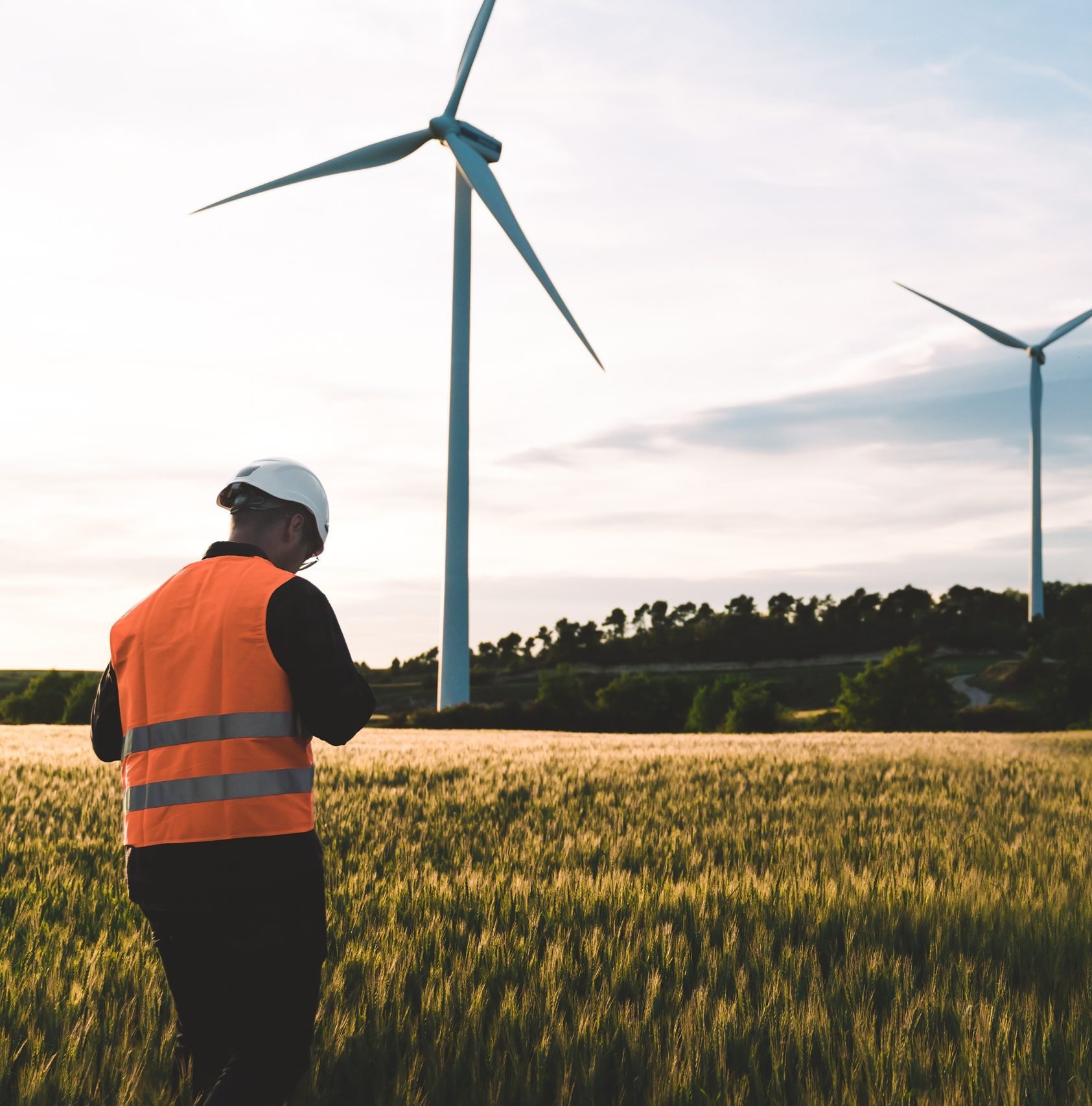 Engineer working at alternative renewable wind energy farm - Sustainable energy industry concept